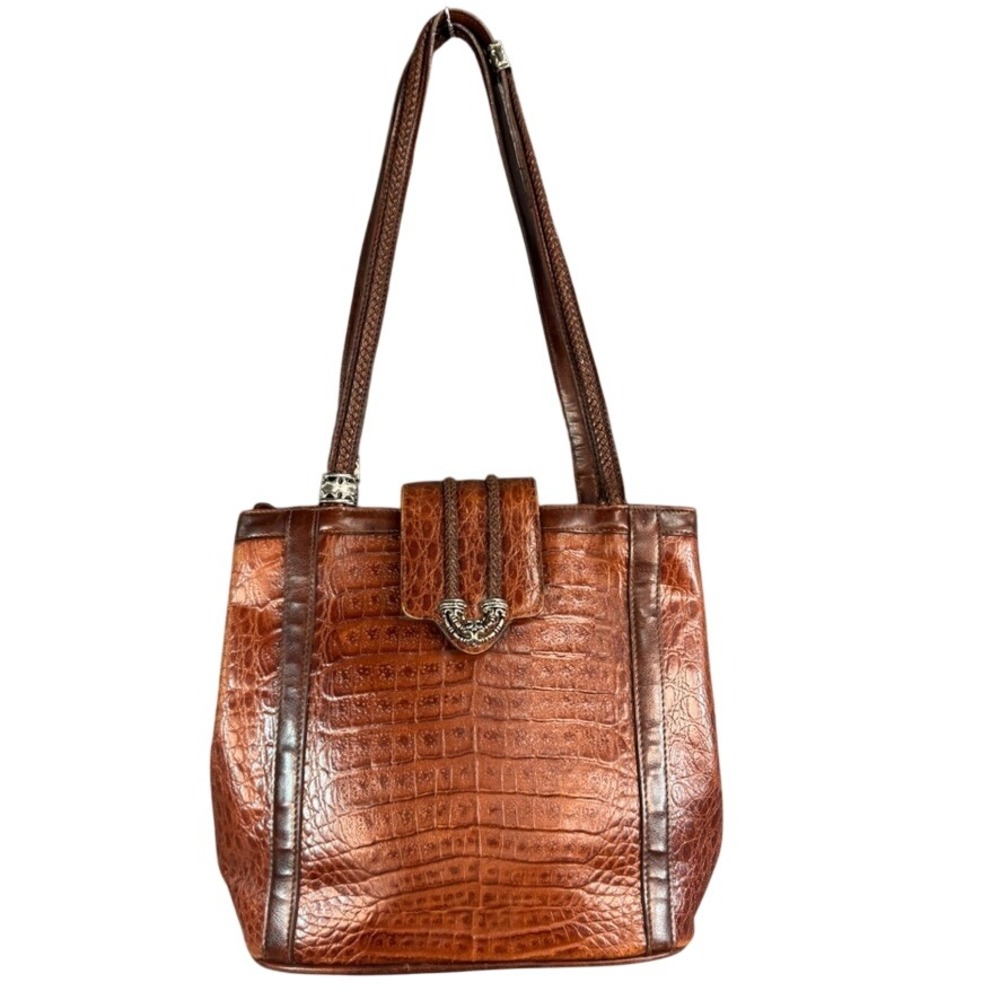 Brighton Brown Croc Embossed Leather Shoulder Bag Silver Heart Hardware Tote